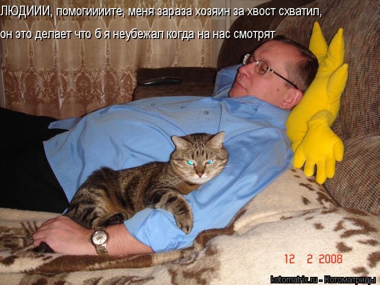 ЛЮДИИИ, помогиииите, меня зараза хозяин за хвост схватил, он это делает что б я неубежал когда на нас... Котоматрица: ЛЮДИИИ, помогиииите, меня зараза хозяин за хвост схватил, он это делает что б я неубежал когда на нас смотрят