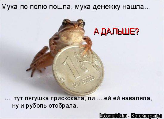 Муха по полю пошла, муха денежку нашла... А ДАЛЬШЕ? .... тут лягушка прискокала, пи.....ей ей навалял... Котоматрица: Муха по полю пошла, муха денежку нашла... А ДАЛЬШЕ? .... тут лягушка прискокала, пи.....ей ей наваляла, ну и руболь отобрала.