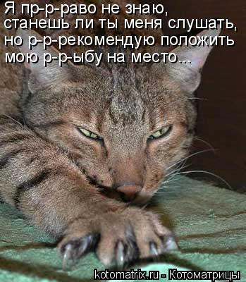 Я пр-р-раво не знаю, станешь ли ты меня слушать, но р-р-рекомендую положить мою р-р-ыбу на место...... Котоматрица: Я пр-р-раво не знаю, станешь ли ты меня слушать, но р-р-рекомендую положить мою р-р-ыбу на место...