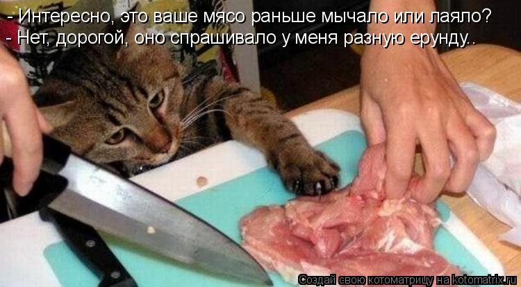 - Интересно, это ваше мясо раньше мычало или лаяло? - Нет, дорогой, оно спрашивало у меня разную ерун... Котоматрица: - Интересно, это ваше мясо раньше мычало или лаяло? - Нет, дорогой, оно спрашивало у меня разную ерунду..