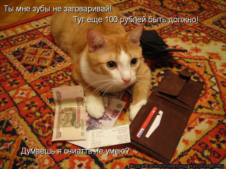 Ты мне зубы не заговаривай! Тут еще 100 рублей быть должно! Думаешь я счиатть не умею?... Котоматрица: Ты мне зубы не заговаривай! Тут еще 100 рублей быть должно! Думаешь я счиатть не умею?