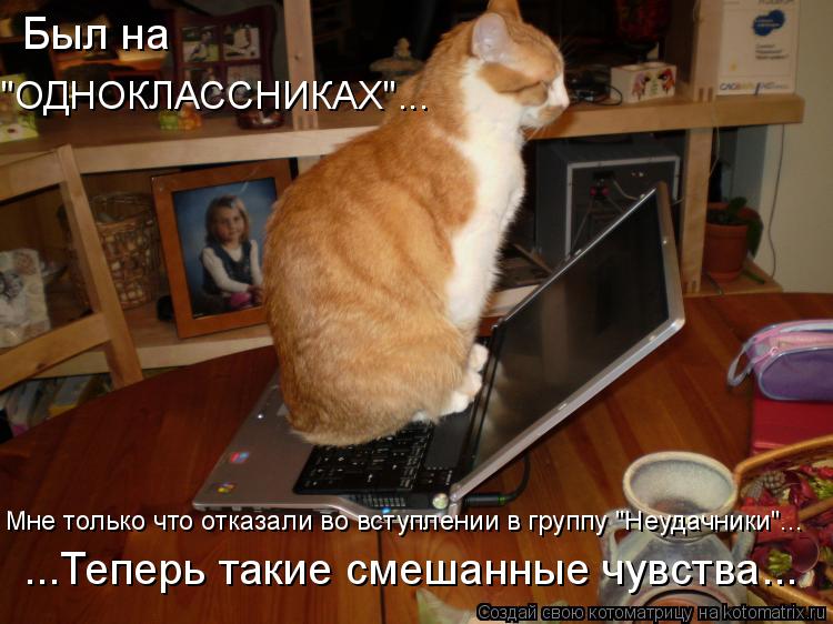 Был на "ОДНОКЛАССНИКАХ"... Мне только что отказали во вступлении в группу "Неудачники"... ...Теперь ... Котоматрица: Был на "ОДНОКЛАССНИКАХ"... Мне только что отказали во вступлении в группу "Неудачники"... ...Теперь такие смешанные чувства...