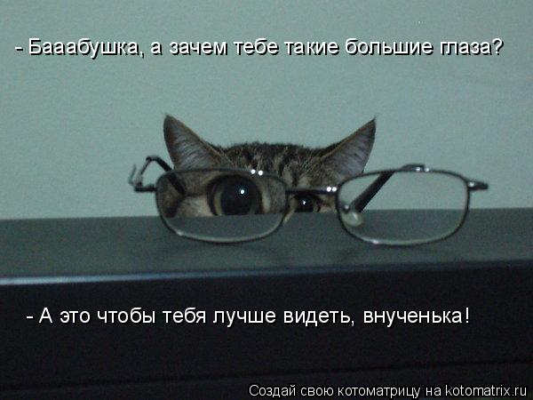 - Бааабушка, а зачем тебе такие большие глаза? - А это чтобы тебя лучше видеть, внученька!... Котоматрица: - Бааабушка, а зачем тебе такие большие глаза? - А это чтобы тебя лучше видеть, внученька!