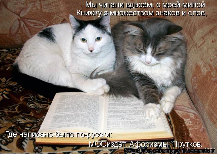 Котоматрица: Мы читали вдвоём, с моей милой Книжку с множеством знаков и слов, Где написано было по-русски: МОСиздат. Афоризмы. Прутков.