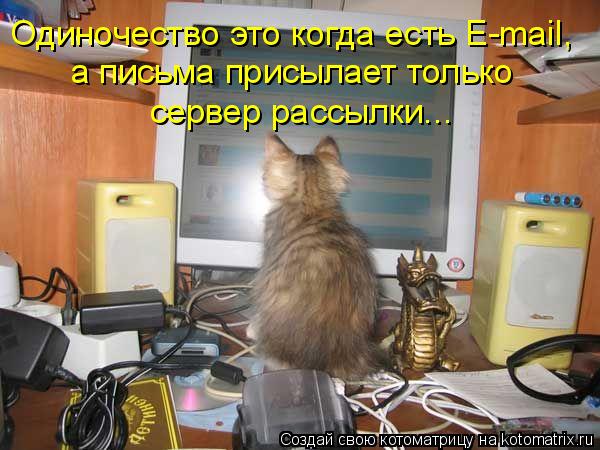 Одиночество это когда есть E-mail, а письма присылает только сервер рассылки...... Котоматрица: Одиночество это когда есть E-mail, а письма присылает только сервер рассылки...