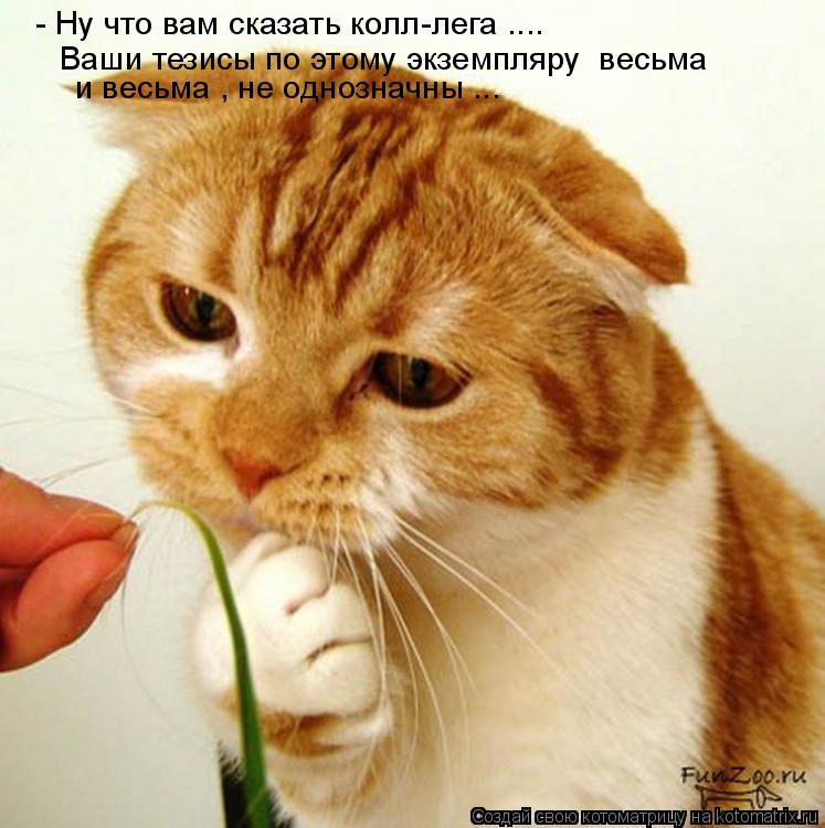 - Ну что вам сказать колл-лега .... Ваши тезисы по этому экземпляру весьма и весьма , не однозначны... Котоматрица: - Ну что вам сказать колл-лега .... Ваши тезисы по этому экземпляру весьма и весьма , не однозначны ...