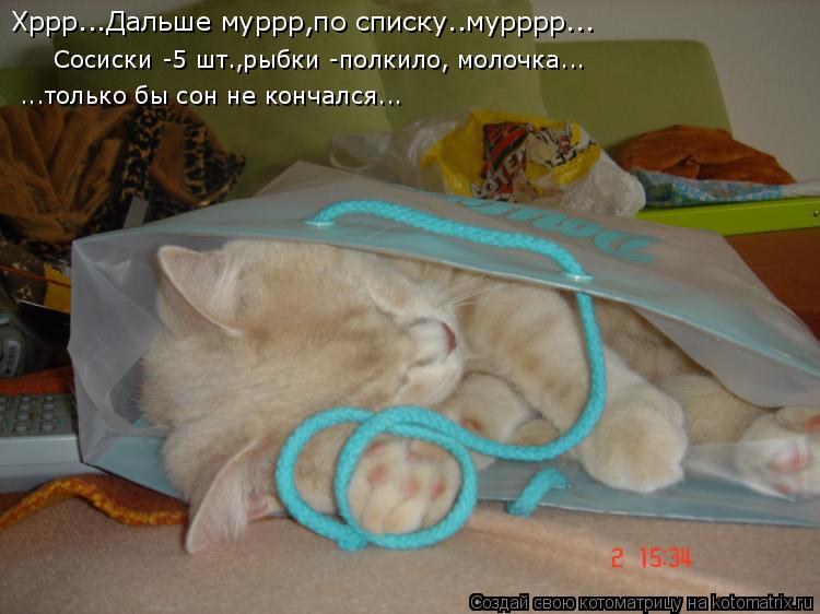 Хррр...Дальше муррр,по списку..мурррр... Сосиски -5 шт.,рыбки -полкило, молочка... ...только бы сон н... Котоматрица: Хррр...Дальше муррр,по списку..мурррр... Сосиски -5 шт.,рыбки -полкило, молочка... ...только бы сон не кончался...
