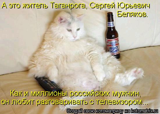 А это житель Таганрога, Сергей Юрьевич Беляков. Как и миллионы российских мужчин, он любит разговари... Котоматрица: А это житель Таганрога, Сергей Юрьевич Беляков. Как и миллионы российских мужчин, он любит разговаривать с телевизором...