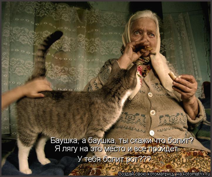 Баушка, а баушка, ты скажи что болит? Я лягу на это место и все пройдет. У тебя болит рот???... Котоматрица: Баушка, а баушка, ты скажи что болит? Я лягу на это место и все пройдет. У тебя болит рот???