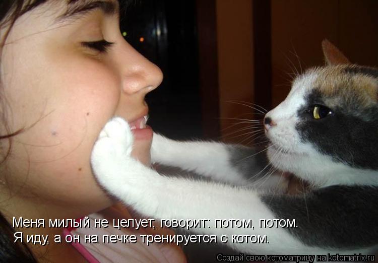 Меня милый не целует, говорит: потом, потом. Я иду, а он на печке тренируется с котом.... Котоматрица: Меня милый не целует, говорит: потом, потом. Я иду, а он на печке тренируется с котом.