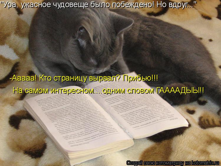 "Ура, ужасное чудовеще было побеждено! Но вдруг..." На самом интересном....одним словом ГААААДЫЫ!! -А... Котоматрица: "Ура, ужасное чудовеще было побеждено! Но вдруг..." На самом интересном....одним словом ГААААДЫЫ!! -Ааааа! Кто страницу вырвал? Прибью!!!
