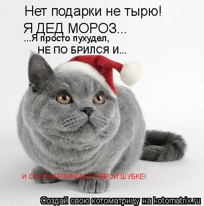 Нет подарки не тырю! Я ДЕД МОРОЗ... ...Я просто пухудел, НЕ ПО БРИЛСЯ И... И СТАЛ КАРЛИКОМ В СЕРОЙ ШУ... Котоматрица: Нет подарки не тырю! Я ДЕД МОРОЗ... ...Я просто пухудел, НЕ ПО БРИЛСЯ И... И СТАЛ КАРЛИКОМ В СЕРОЙ ШУБКЕ!