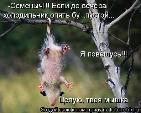 -Семеныч!!! Если до вечера холодильник опять бу...пустой... Я повешусь!!! Целую, твоя мышка...... Котоматрица: -Семеныч!!! Если до вечера холодильник опять бу...пустой... Я повешусь!!! Целую, твоя мышка...