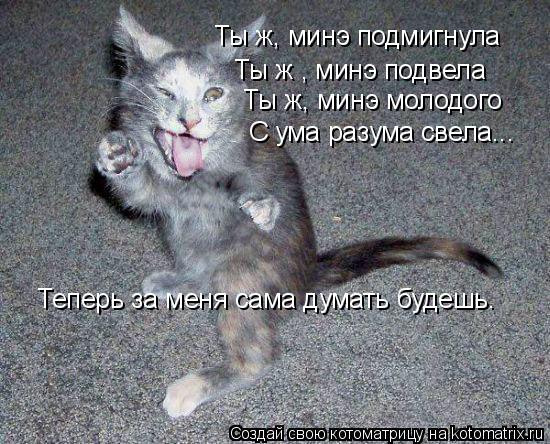 Ты ж, минэ подмигнула Ты ж , минэ подвела Ты ж, минэ молодого С ума разума свела... Теперь за меня са... Котоматрица: Ты ж, минэ подмигнула Ты ж , минэ подвела Ты ж, минэ молодого С ума разума свела... Теперь за меня сама думать будешь.