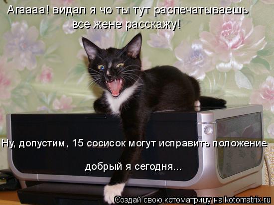 Агаааа! видал я чо ты тут распечатываешь все жене расскажу! Ну, допустим, 15 сосисок могут исправить ... Котоматрица: Агаааа! видал я чо ты тут распечатываешь все жене расскажу! Ну, допустим, 15 сосисок могут исправить положение добрый я сегодня...