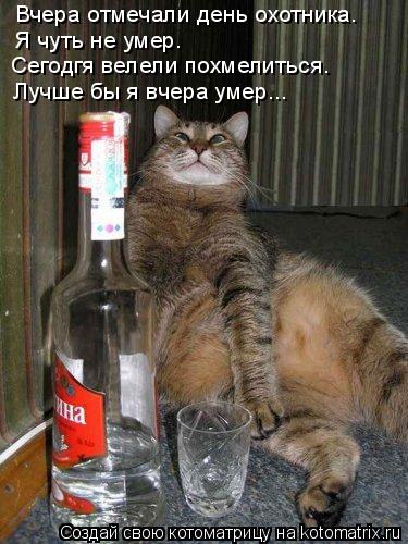 Вчера отмечали день охотника. Я чуть не умер. Я чуть не умер. Сегодгя велели похмелиться. Лучше бы я... Котоматрица: Вчера отмечали день охотника. Я чуть не умер. Я чуть не умер. Сегодгя велели похмелиться. Лучше бы я вчера умер...
