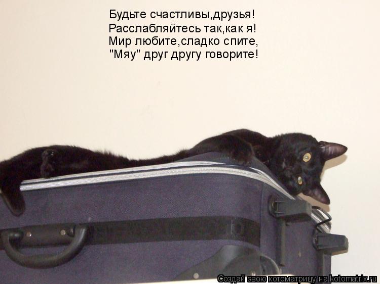 Будьте счастливы,друзья! Расслабляйтесь так,как я! Мир любите,сладко спите, "Мяу" друг другу говорите... Котоматрица: Будьте счастливы,друзья! Расслабляйтесь так,как я! Мир любите,сладко спите, "Мяу" друг другу говорите!