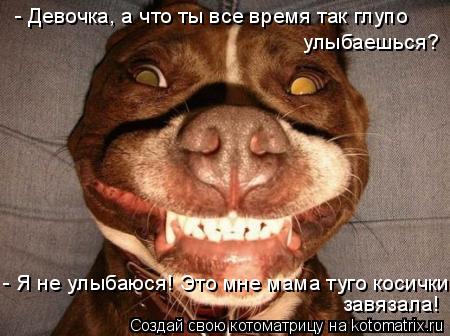 - Девочка, а что ты все время так глупо улыбаешься? - Я не улыбаюся! Это мне мама туго косички завя... Котоматрица: - Девочка, а что ты все время так глупо улыбаешься? - Я не улыбаюся! Это мне мама туго косички завязала!