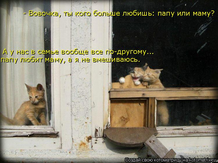- Вовочка, ты кого больше любишь: папу или маму? А у нас в семье вообще все по-другому... папу любит... Котоматрица: - Вовочка, ты кого больше любишь: папу или маму? А у нас в семье вообще все по-другому... папу любит маму, а я не вмешиваюсь.