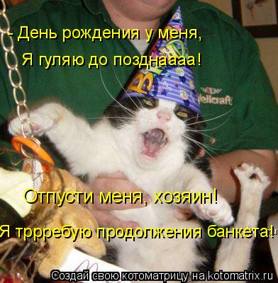 - День рождения у меня, Я гуляю до позднаааа! Отпусти меня, хозяин! Я тррребую продолжения банкета!... Котоматрица: - День рождения у меня, Я гуляю до позднаааа! Отпусти меня, хозяин! Я тррребую продолжения банкета!