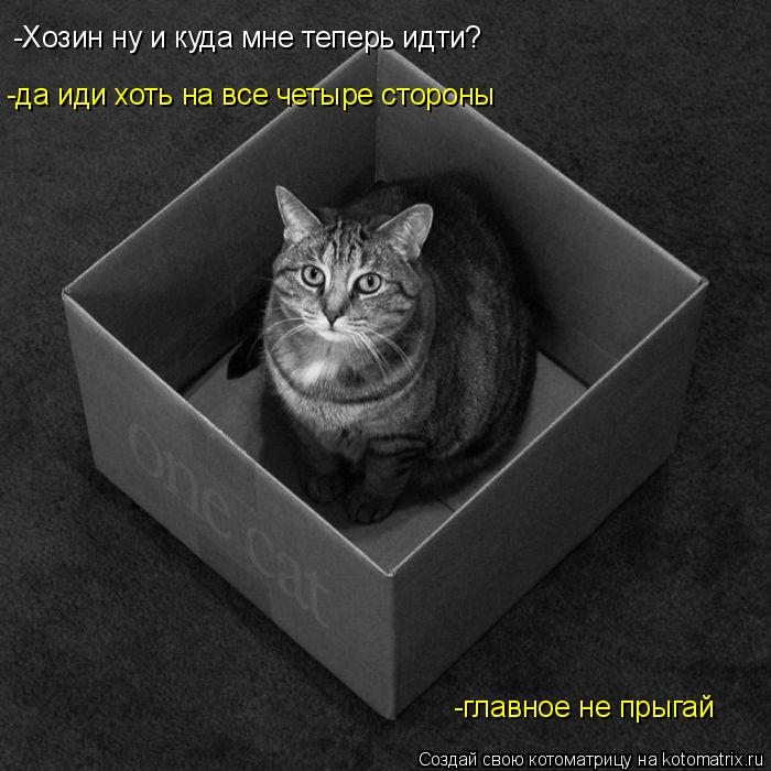 -Хозин ну и куда мне теперь идти? -да иди хоть на все четыре стороны -главное не прыгай... Котоматрица: -Хозин ну и куда мне теперь идти? -да иди хоть на все четыре стороны -главное не прыгай