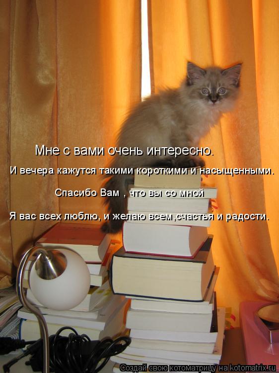 Мне с вами очень интересно. И вечера кажутся такими короткими и насыщенными. Спасибо Вам , что вы с... Котоматрица: Мне с вами очень интересно. И вечера кажутся такими короткими и насыщенными. Спасибо Вам , что вы со мной Я вас всех люблю, и желаю всем,счас