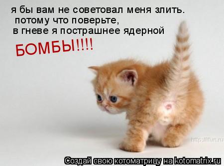 Котоматрица: потому что поверьте, в гневе я пострашнее ядерной  я бы вам не советовал меня злить. БОМБЫ!!!!