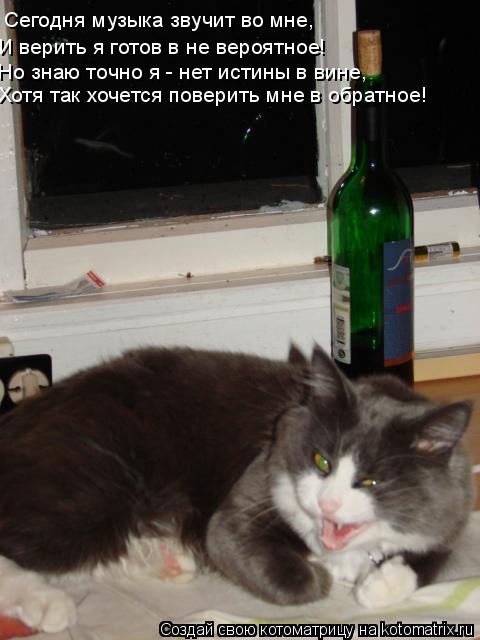 Сегодня музыка звучит во мне, И верить я готов в не вероятное! Но знаю точно я - нет истины в вине,... Котоматрица: Сегодня музыка звучит во мне, И верить я готов в не вероятное! Но знаю точно я - нет истины в вине, Хотя так хочется поверить мне в обратное!