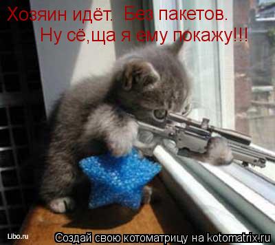 Котоматрица: Хозяин идёт. Без пакетов. Ну сё,ща я ему покажу!!!