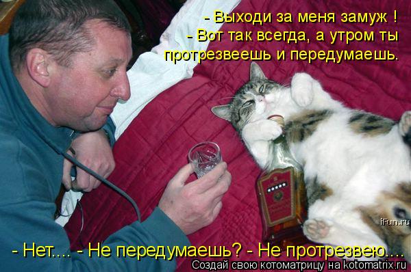 - Выходи за меня замуж ! - Вот так всегда, а утром ты протрезвеешь и передумаешь. - Нет.... - Не пер... Котоматрица: - Выходи за меня замуж ! - Вот так всегда, а утром ты протрезвеешь и передумаешь. - Нет.... - Не передумаешь? - Не протрезвею....
