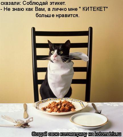 сказали: Соблюдай этикет. - Не знаю как Вам, а лично мне " КИТЕКЕТ" больше нравится.... Котоматрица: сказали: Соблюдай этикет. - Не знаю как Вам, а лично мне " КИТЕКЕТ" больше нравится.