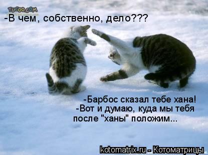 -В чем, собственно, дело??? -Барбос сказал тебе хана! -Вот и думаю, куда мы тебя после "ханы" положи... Котоматрица: -В чем, собственно, дело??? -Барбос сказал тебе хана! -Вот и думаю, куда мы тебя после "ханы" положим...