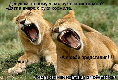 Котоматрица: -Девушка, почему у вас рука забинтована?  -Дятла вчера с руки кормила... - Вот тупят! -А я себе представил!!!!