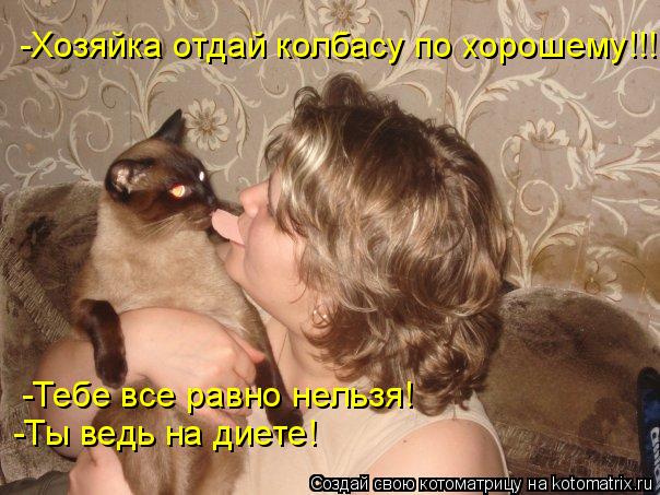 Котоматрица: -Хозяйка отдай колбасу по хорошему!!! -Тебе все равно нельзя!  -Ты ведь на диете!
