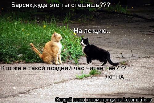 Барсик,куда это ты спешишь??? На лекцию.. Кто же в такой поздний час читает ее??? ЖЕНА....... Котоматрица: Барсик,куда это ты спешишь??? На лекцию.. Кто же в такой поздний час читает ее??? ЖЕНА....