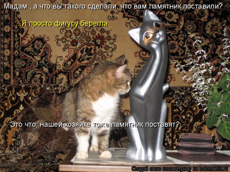 Котоматрица: Мадам , а что вы такого сделали, что вам памятник поставили? ....Я просто фигуру берегла Это что, нашей хозяйке тоже памятник поставят?