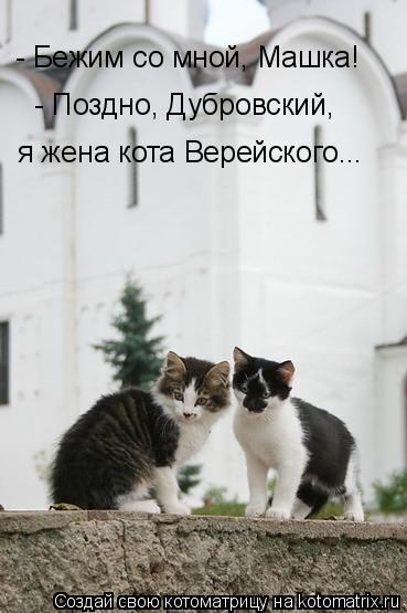 - Бежим со мной, Машка! - Поздно, Дубровский, я жена кота Верейского...... Котоматрица: - Бежим со мной, Машка! - Поздно, Дубровский, я жена кота Верейского...