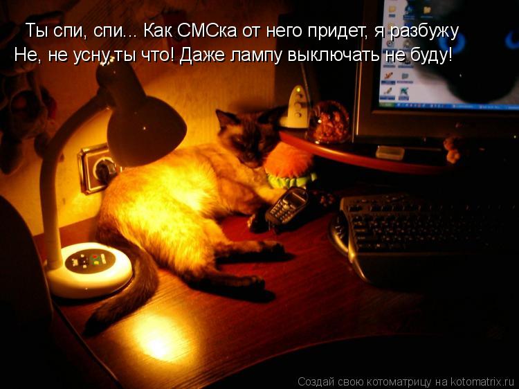 Ты спи, спи... Как СМСка от него придет, я разбужу Не, не усну ты что! Даже лампу выключать не буду!... Котоматрица: Ты спи, спи... Как СМСка от него придет, я разбужу Не, не усну ты что! Даже лампу выключать не буду!