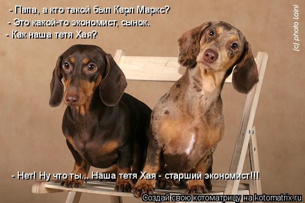 - Папа, а кто такой был Карл Маркс? - Это какой-то экономист, сынок. - Как наша тетя Хая? - Hет! Н... Котоматрица: - Папа, а кто такой был Карл Маркс? - Это какой-то экономист, сынок. - Как наша тетя Хая? - Hет! Ну что ты... Hаша тетя Хая - старший экономист!!!
