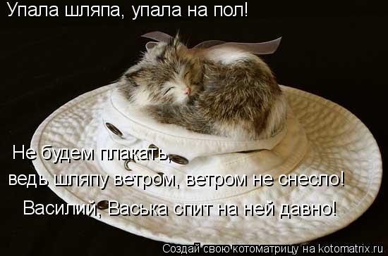 Упала шляпа, упала на пол! Не будем плакать, ведь шляпу ветром, ветром не снесло! Василий, Васька сп... Котоматрица: Упала шляпа, упала на пол! Не будем плакать, ведь шляпу ветром, ветром не снесло! Василий, Васька спит на ней давно!