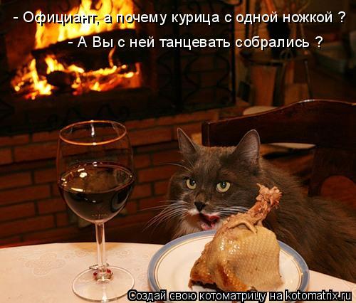 Котоматрица: - Официант, а почему курица с одной ножкой ? - А Вы с ней танцевать собрались ?