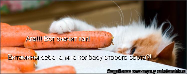 Котоматрица: Ага!!! Вот значит как! Витамины себе, а мне колбасу второго сорта?!
