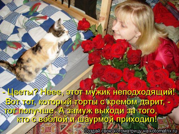 Котоматрица: - Цветы? Неее, этот мужик неподходящий! Вот тот, который торты с кремом дарит, - тот получше. А замуж выходи за того,  кто с воблой и шаурмой при