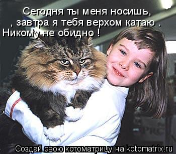Сегодня ты меня носишь, , завтра я тебя верхом катаю . Никому не обидно !... Котоматрица: Сегодня ты меня носишь, , завтра я тебя верхом катаю . Никому не обидно !