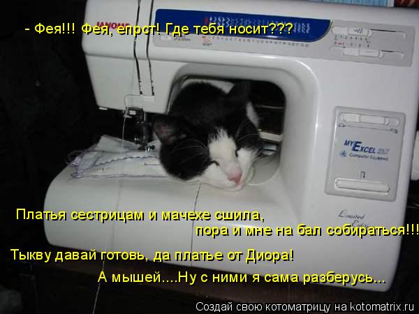 - Фея!!! Фея, епрст! Где тебя носит??? Платья сестрицам и мачехе сшила, пора и мне на бал собираться... Котоматрица: - Фея!!! Фея, епрст! Где тебя носит??? Платья сестрицам и мачехе сшила, пора и мне на бал собираться!!! Тыкву давай готовь, да платье от Диора! А м