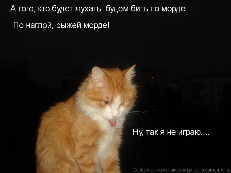 А того, кто будет жухать, будем бить по морде А того, кто будет жухать, будем бить по морде По наглой... Котоматрица: А того, кто будет жухать, будем бить по морде А того, кто будет жухать, будем бить по морде По наглой, рыжей морде! Ну, так я не играю....