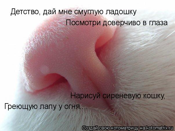 Детство, дай мне смуглую ладошку Посмотри доверчиво в глаза Нарисуй сиреневую кошку, Греющую лапу у... Котоматрица: Детство, дай мне смуглую ладошку Посмотри доверчиво в глаза Нарисуй сиреневую кошку, Греющую лапу у огня....