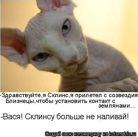 -Здравствуйте,я Склинс,я прилетел с созвездия Близнецы,чтобы установить контакт с землянами... -Вася... Котоматрица: -Здравствуйте,я Склинс,я прилетел с созвездия Близнецы,чтобы установить контакт с землянами... -Вася! Склинсу больше не наливай!