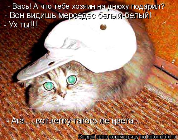 - Вась! А что тебе хозяин на днюху подарил? - Вон видишь мерседес белый-белый! - Ух ты!!! - Ага.... в... Котоматрица: - Вась! А что тебе хозяин на днюху подарил? - Вон видишь мерседес белый-белый! - Ух ты!!! - Ага.... вот кепку такого же цвета...
