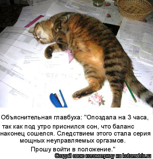 Объяснительная главбуха: "Опоздала на 3 часа, так как под утро приснился сон, что баланс наконец сош... Котоматрица: Объяснительная главбуха: "Опоздала на 3 часа, так как под утро приснился сон, что баланс наконец сошелся. Следствием этого стала серия мощны